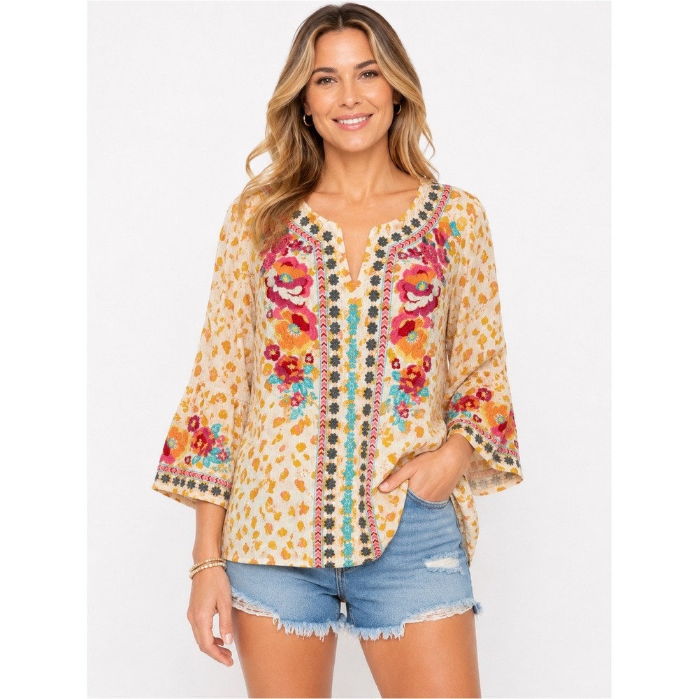 Savanna Jane Embroidered Boho Peasant Top‎ Med Floral Tunic Festival Cottagecore